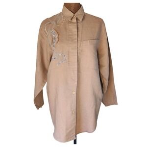 Vintage Italian Shirt Beaded Sequin Linen Cotton Button Down Women's Size L Top